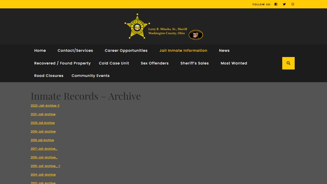 Inmate Records – Archive - Washington County Sheriff's Office